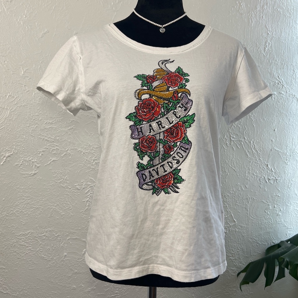 Harley-Davidson White Short Sleeve Tee with rhinestones